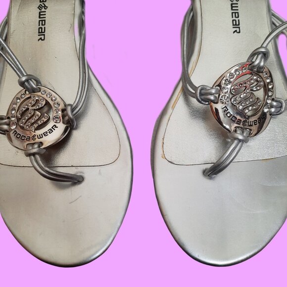 Y2K 2000s Rocawear Silver Rhinestone Sandals Flat Thong With Ties Womens US 9 - Picture 3 of 9
